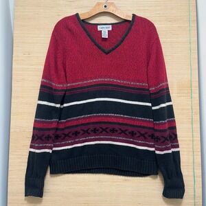 Cabin Creek Red Black Striped V Neck Sweater Small Ramie Cotton Blend